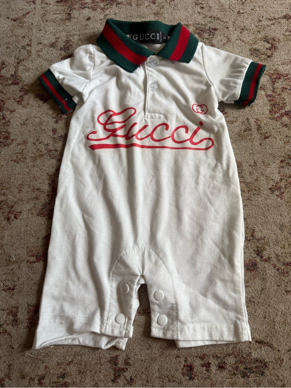 Gucci White Baby Polo Romper with Green & Red Trim